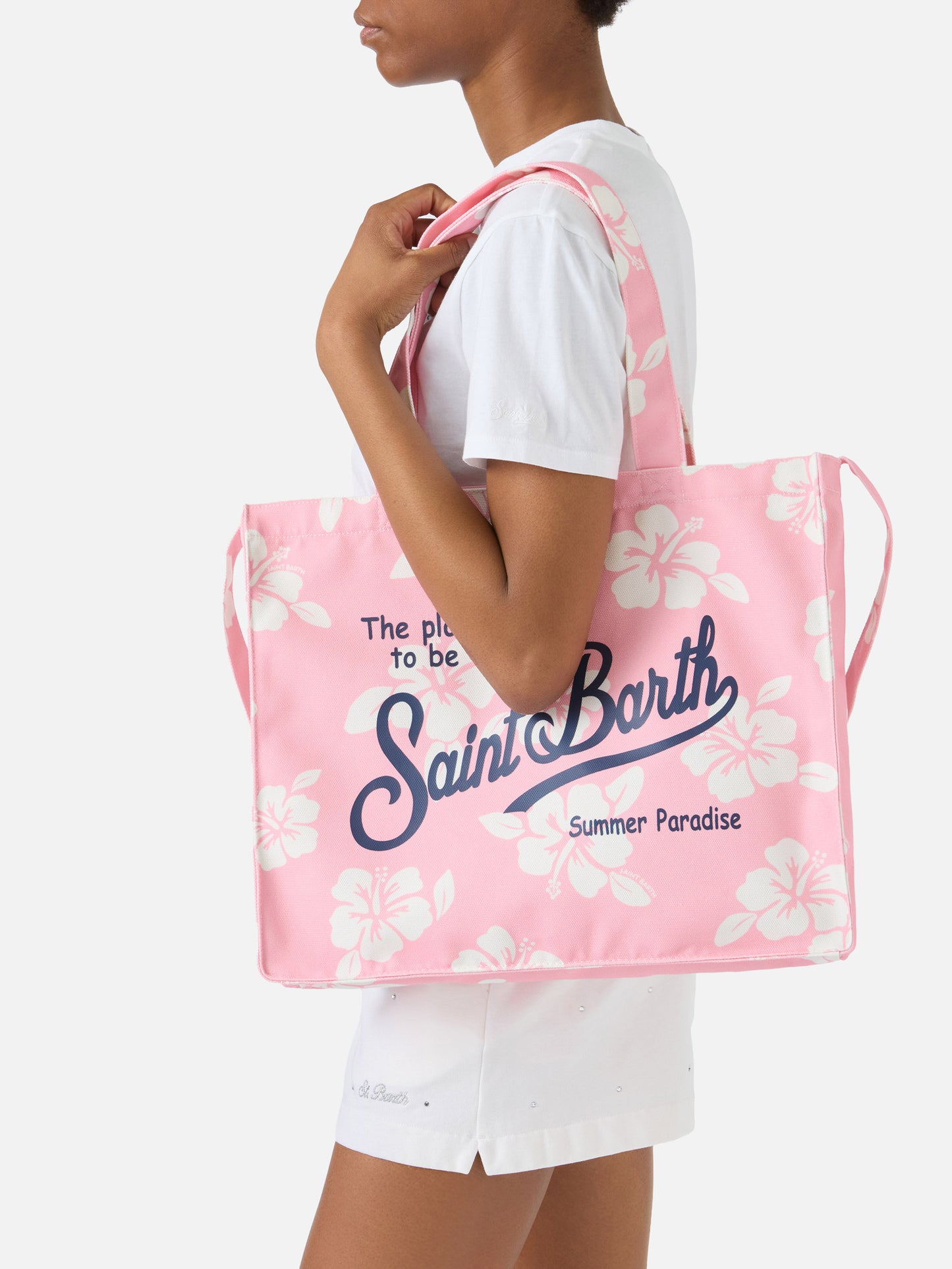 Essential canvas tote bag with pink hibiscus print and contrasting logo
