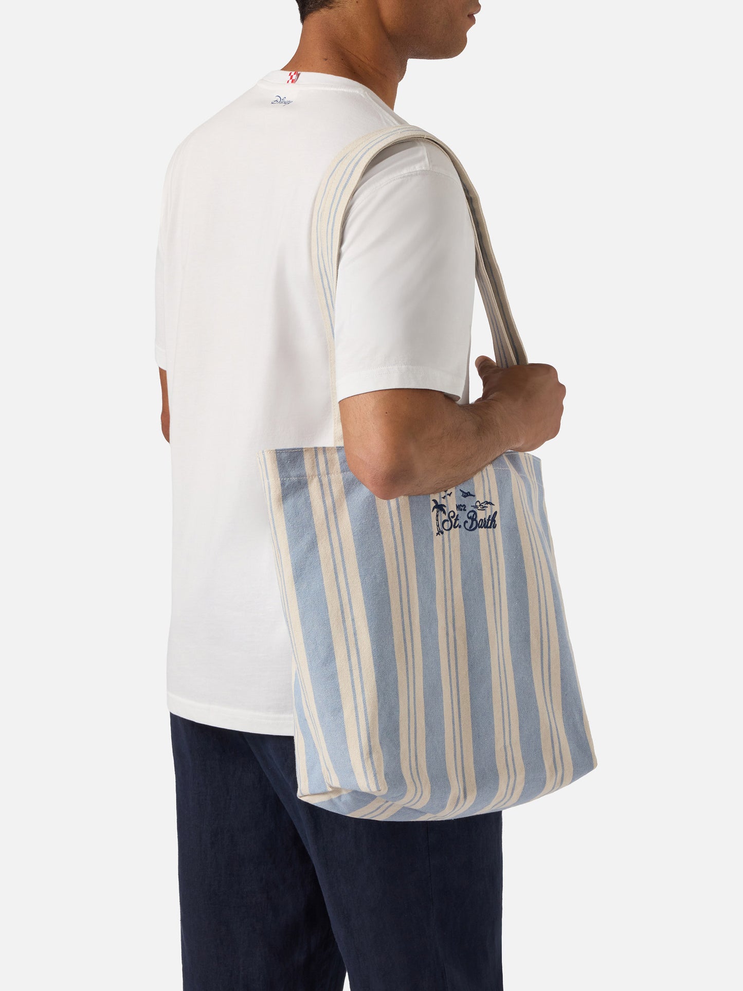 Bolso tote de algodón Essential Beach a rayas azul claro y blanco 