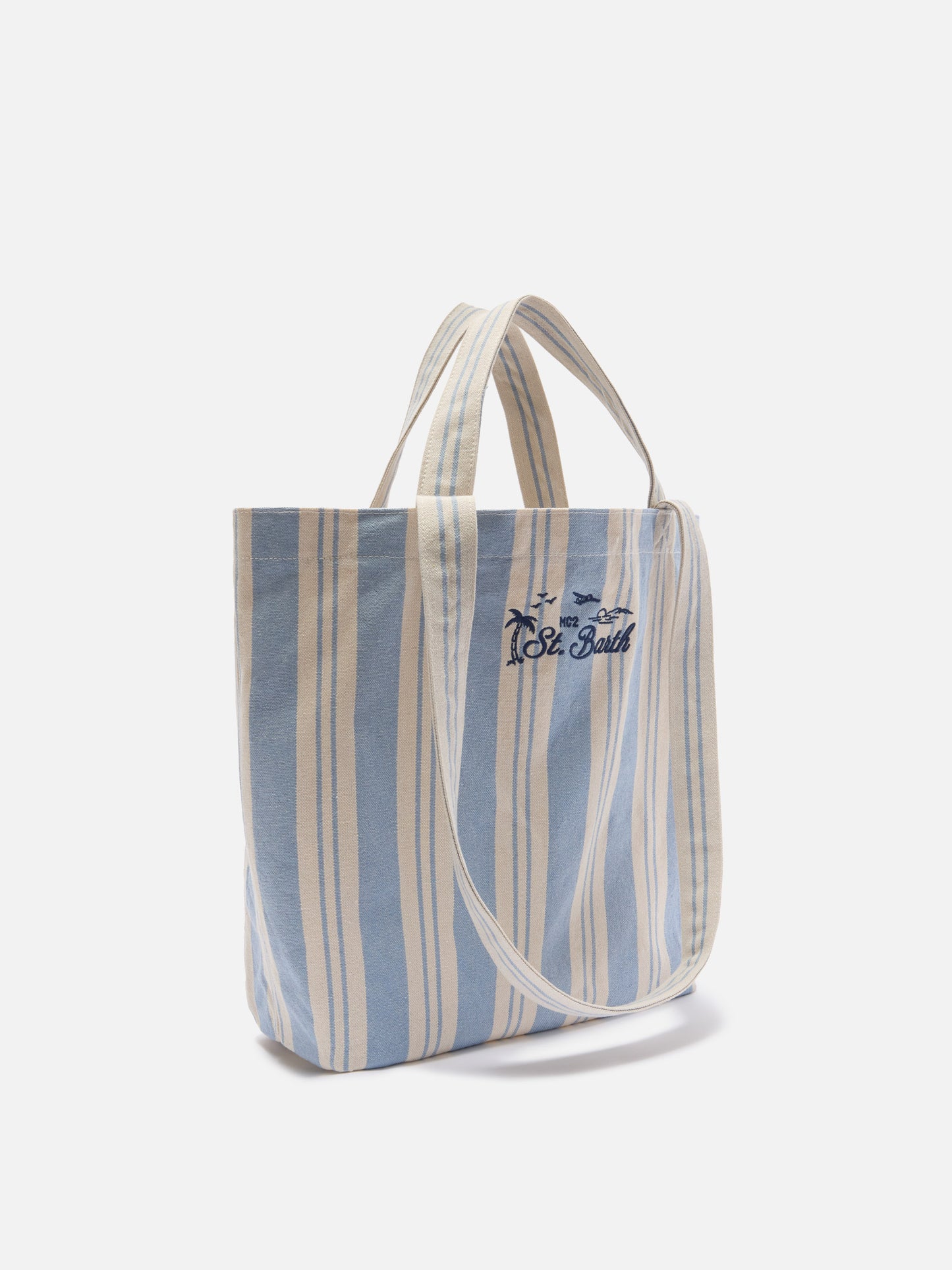 Bolso tote de algodón Essential Beach a rayas azul claro y blanco 