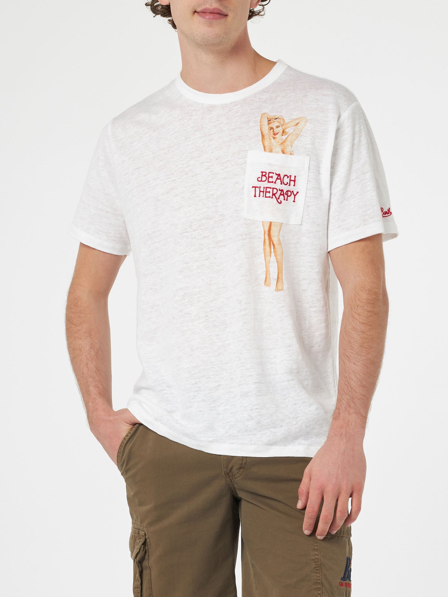Man linen jersey t-shirt Ecstasea with printed and embroidered pocket - MC2 Saint Barth
