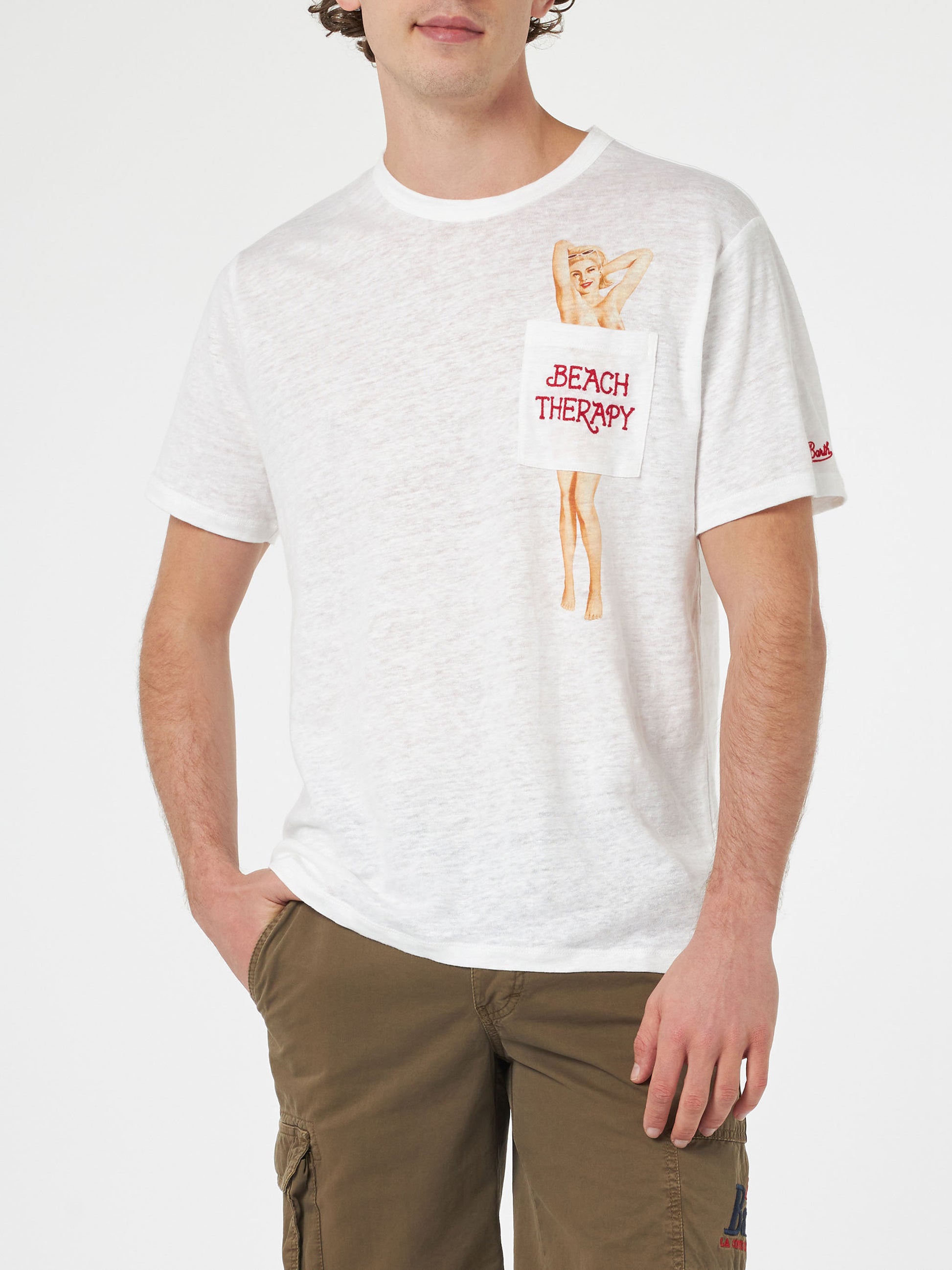 Man linen jersey t-shirt Ecstasea with printed and embroidered pocket - MC2 Saint Barth