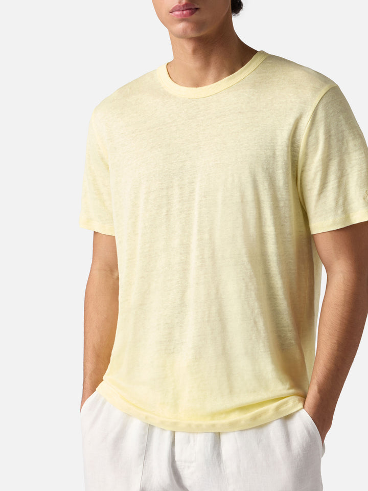 Yellow Ecstasea pure linen t-shirt with logo embroidery