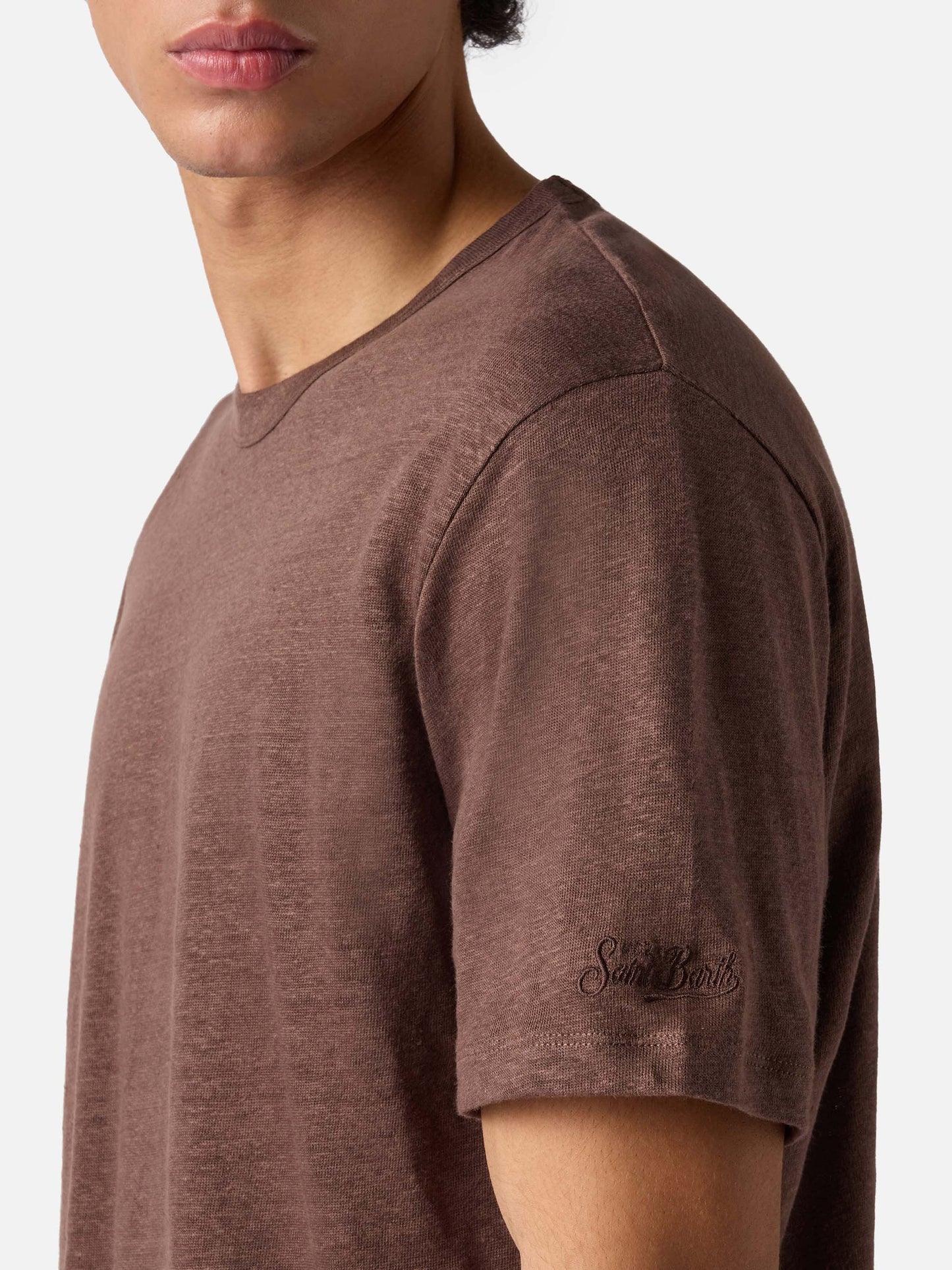 T-shirt Ecstasea in puro lino marrone con logo ricamato