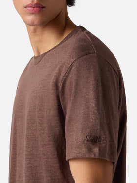 T-shirt Ecstasea in puro lino marrone con logo ricamato