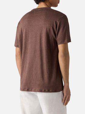 T-shirt Ecstasea in puro lino marrone con logo ricamato