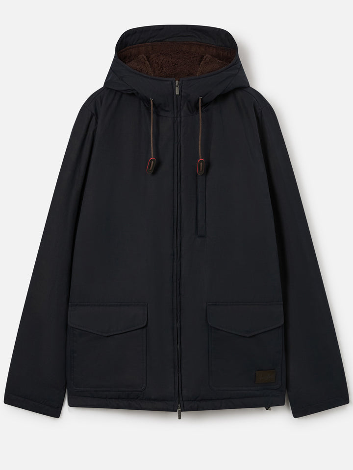 Gilet Edgar wax in cotone cerato blu navy con cappuccio e interno in teddy