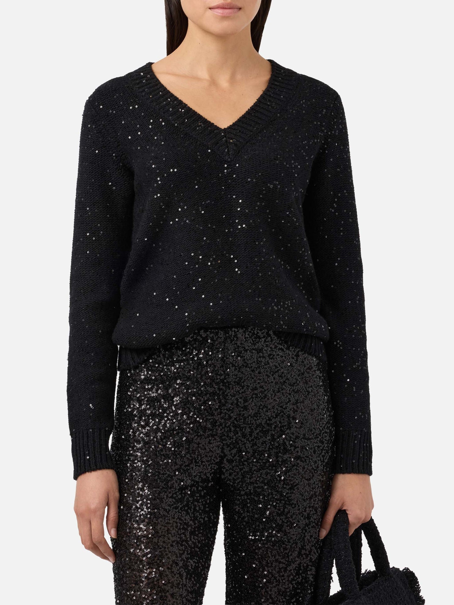 Pull noir à col en V avec sequins 