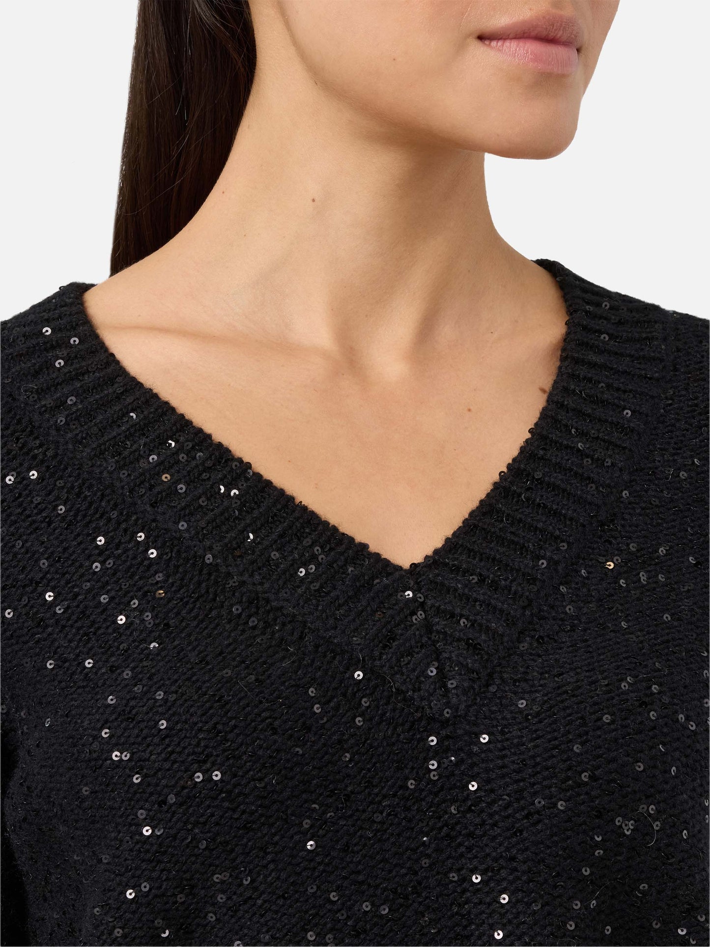 Pull noir à col en V avec sequins 