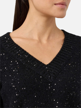 Pull noir à col en V avec sequins 