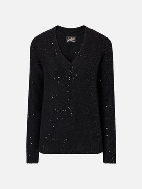 Pull noir à col en V avec sequins 