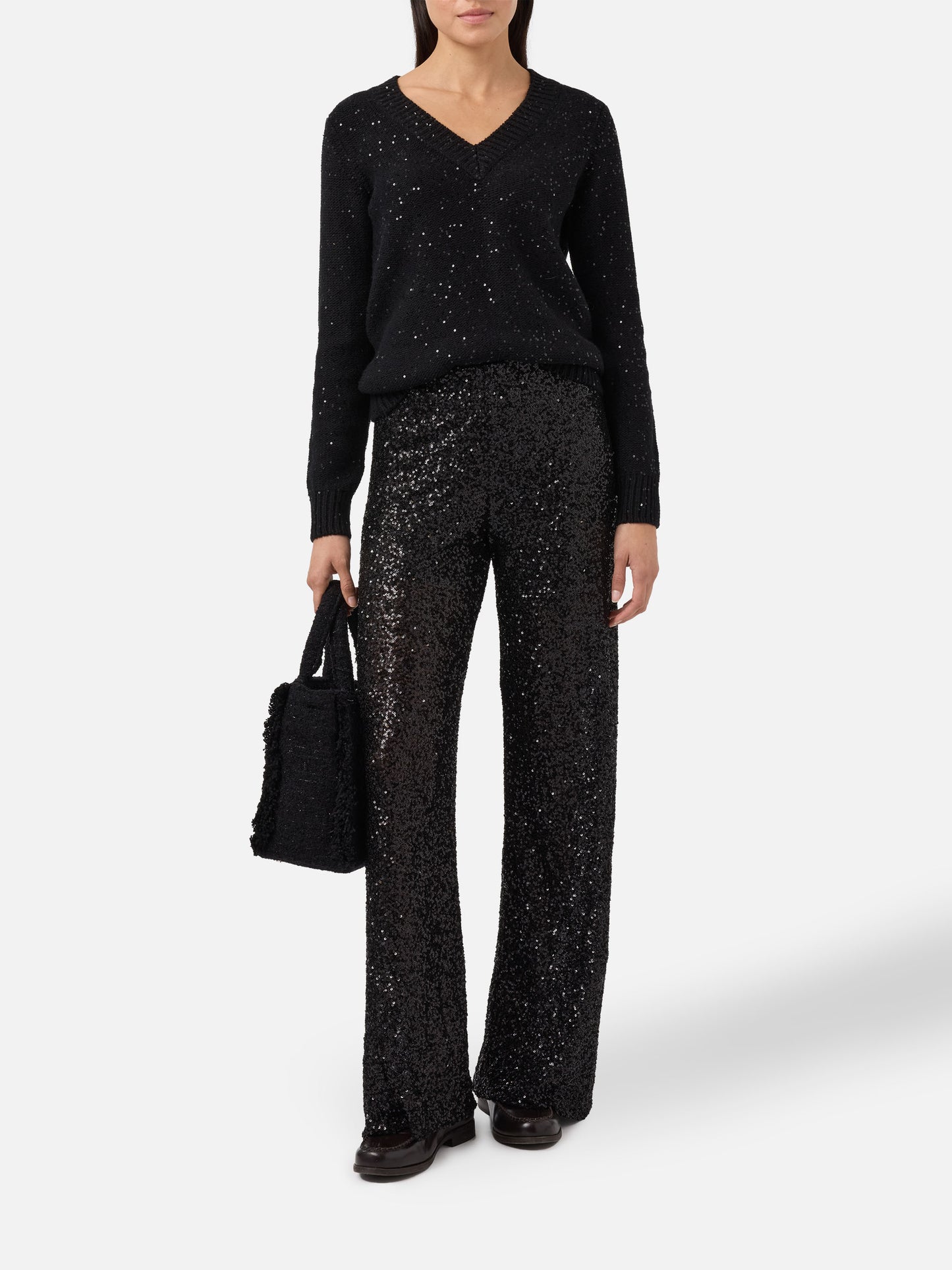 Pull noir à col en V avec sequins 