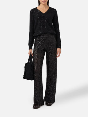 Pull noir à col en V avec sequins 