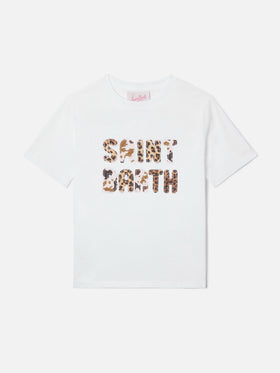 Elly T-Shirt aus weißer Baumwolle mit Logo-Patch im Animal-Print 