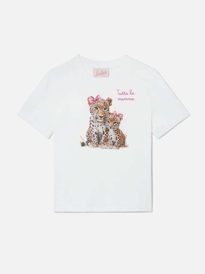 Camiseta Elly en algodón blanco con estampado de leopardo y bordado Tutta la mamma 