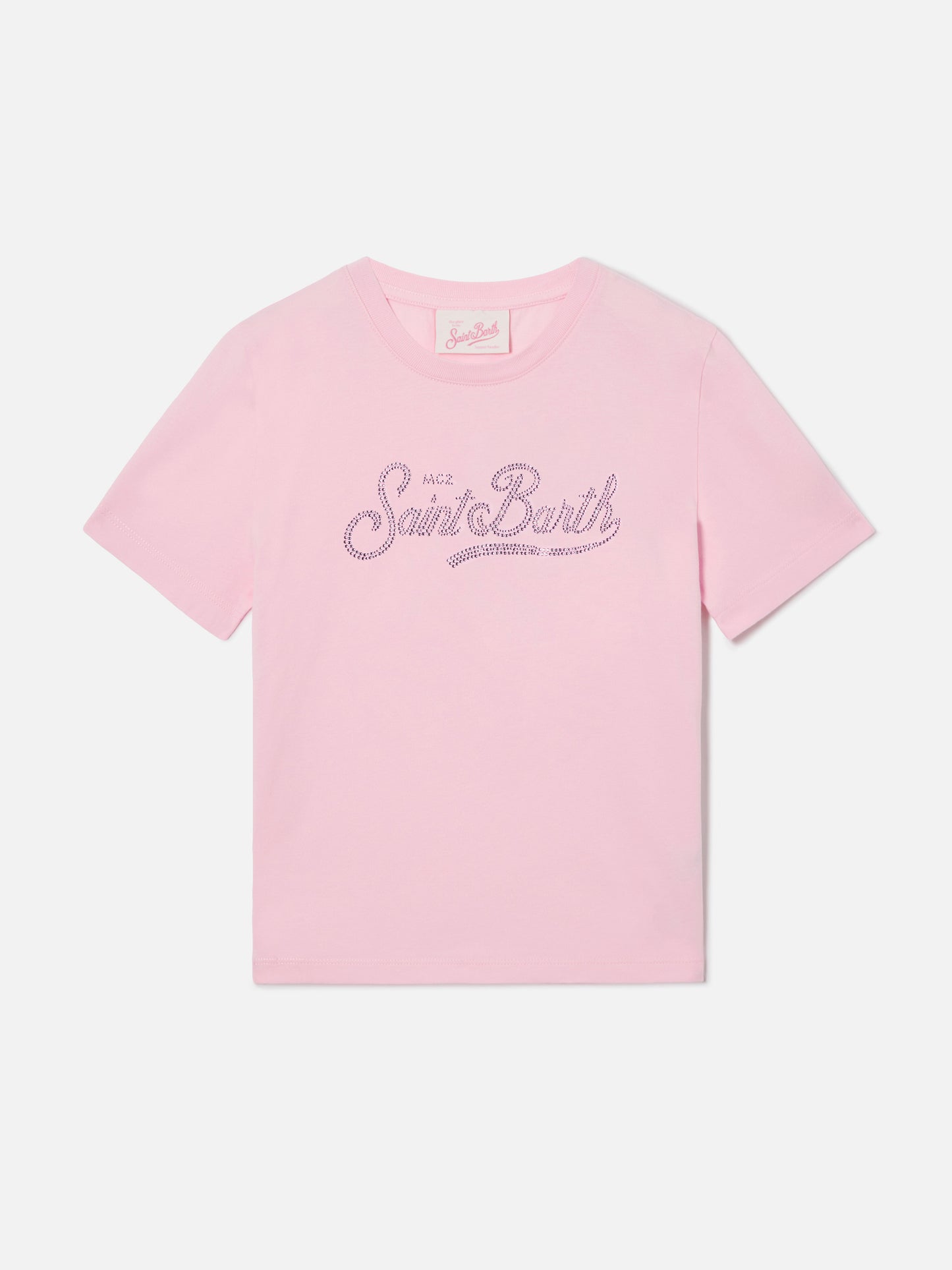 Camiseta Elly en algodón rosa con adorno de pedrería del logo Saint Barth 