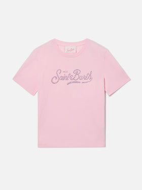 Camiseta Elly en algodón rosa con adorno de pedrería del logo Saint Barth 