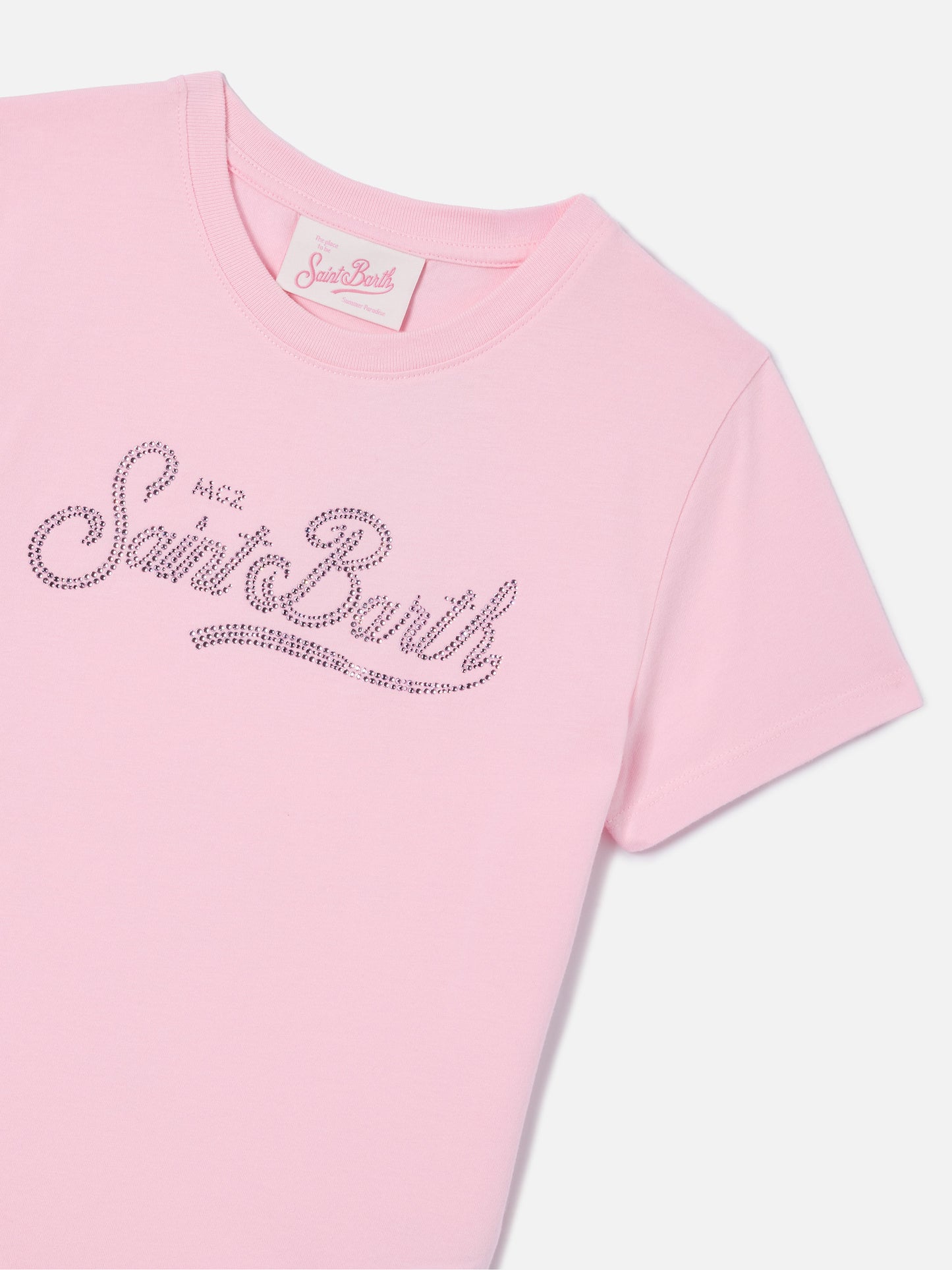 Camiseta Elly en algodón rosa con adorno de pedrería del logo Saint Barth 