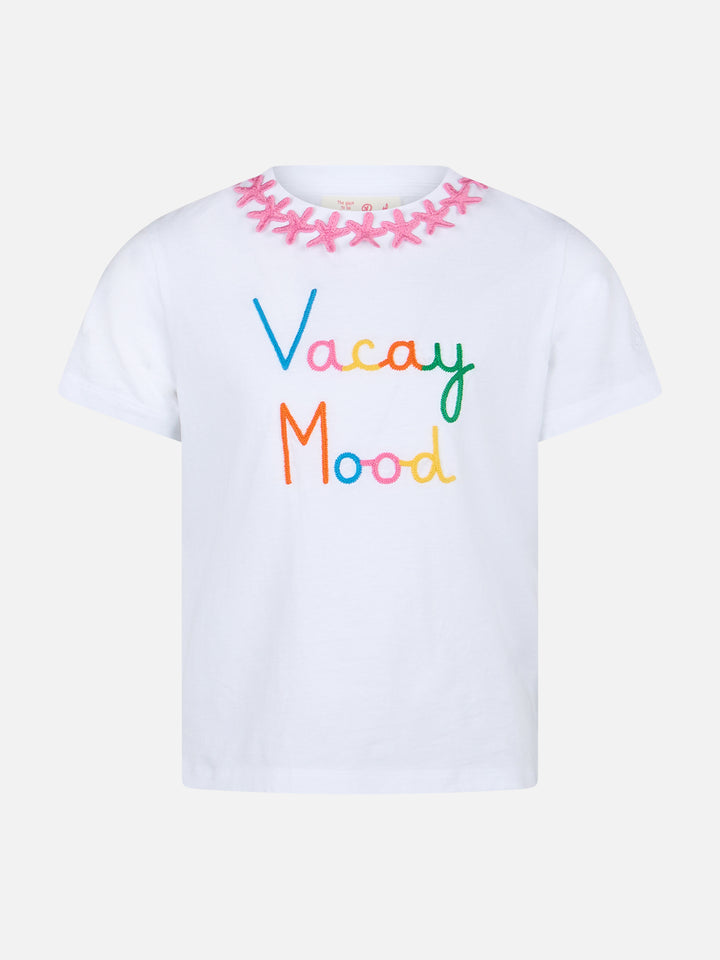 Girl cotton jersey crewneck t-shirt Elly with Vacay Mood embroidery