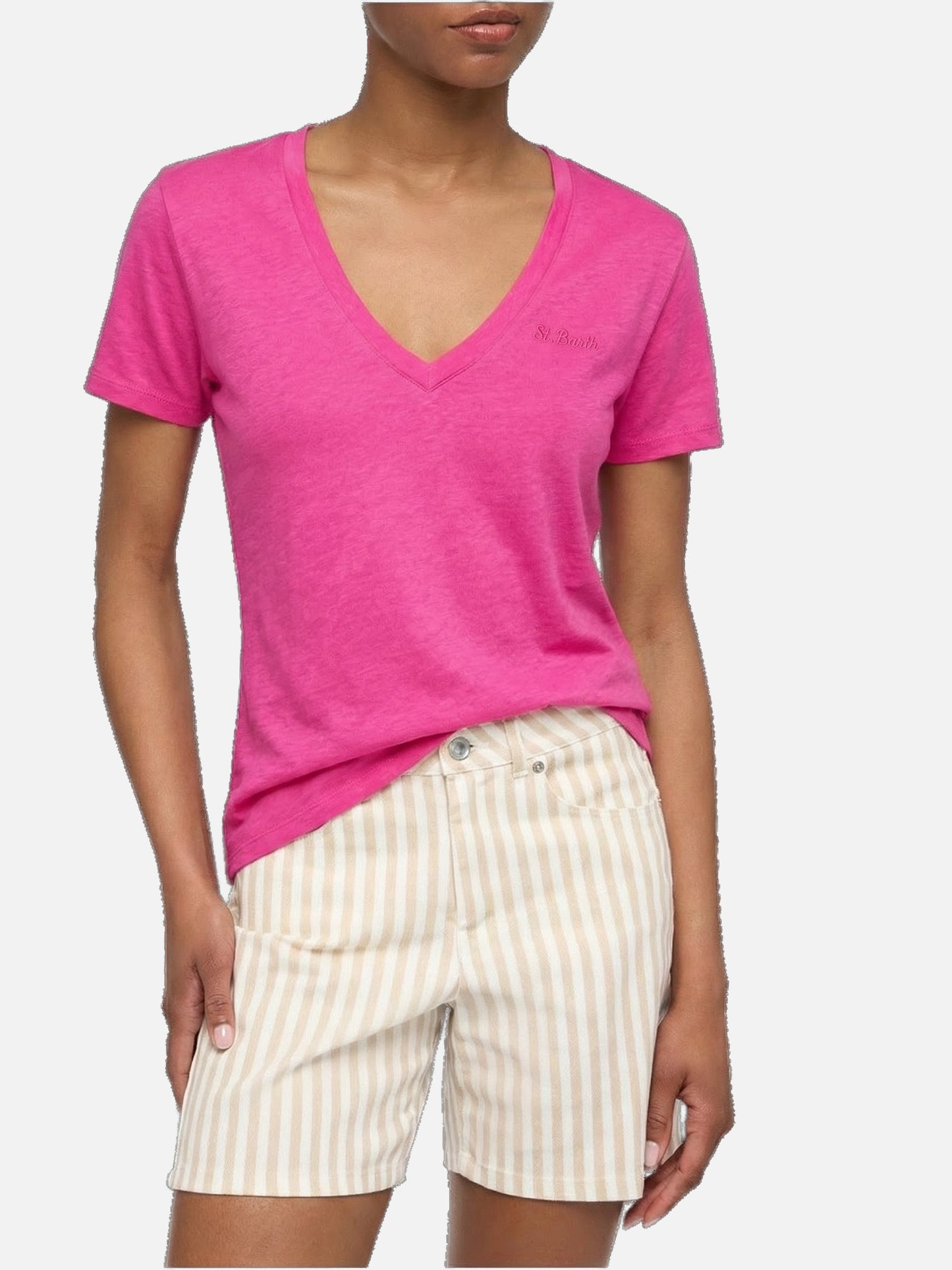 Eloise t-shirt scollo a V in jersey di lino rosa fluo
