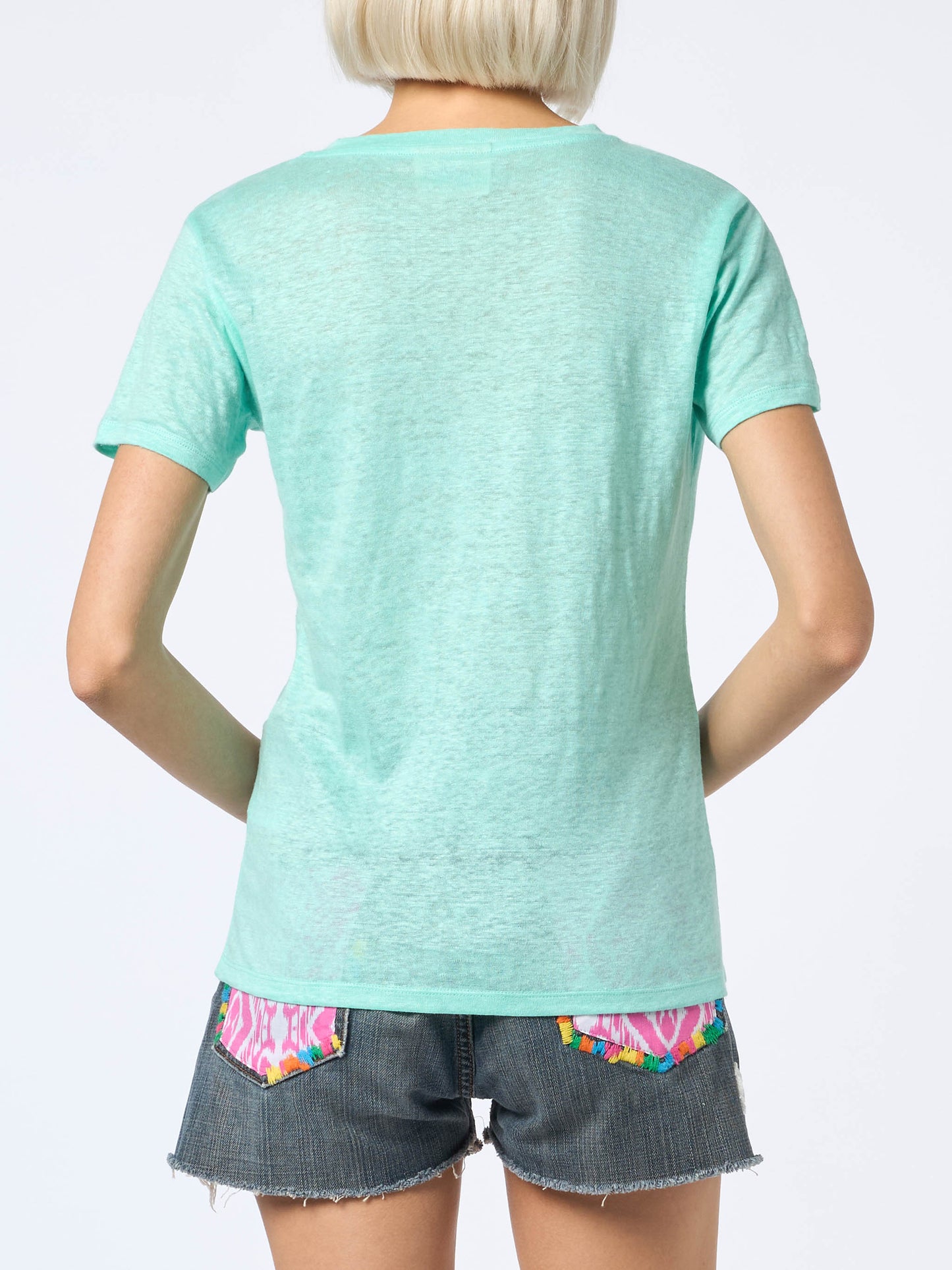 Woman linen jersey sage green V-neck t-shirt Eloise - MC2 Saint Barth