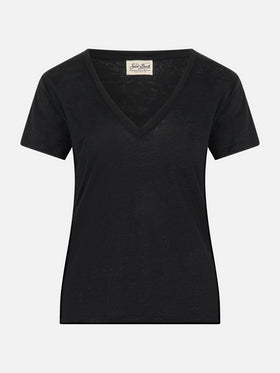 Linen jersey black V-neck t-shirt Eloise - MC2 Saint Barth