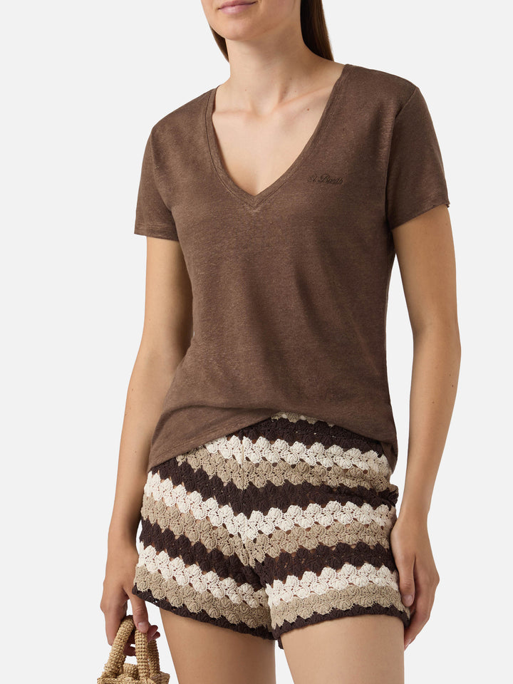 T-shirt Eloise in lino marrone con logo ricamato