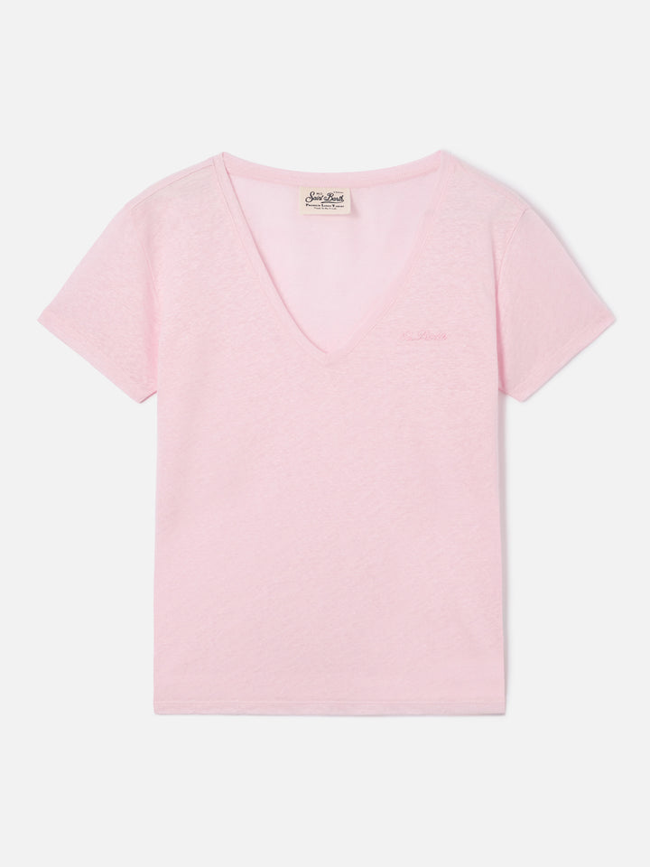 Rosa Eloise T-Shirt aus Leinen mit aufgesticktem Logo 