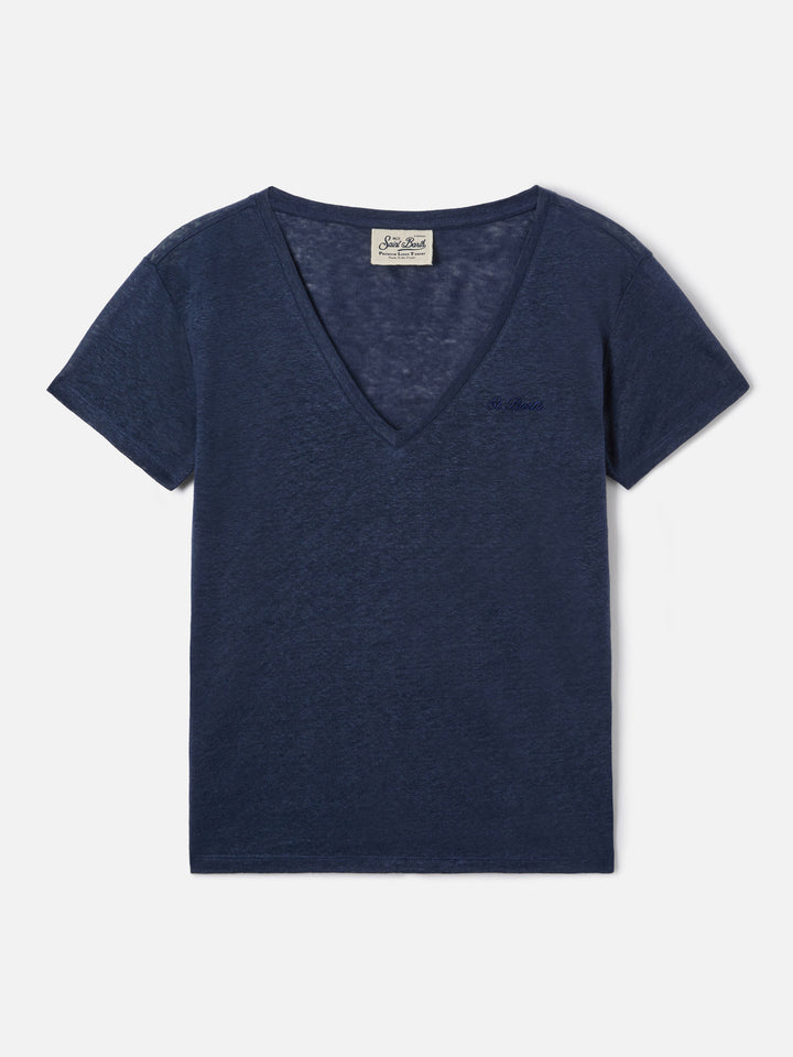 Blaues Leinen-T-Shirt Eloise mit gesticktem Logo 