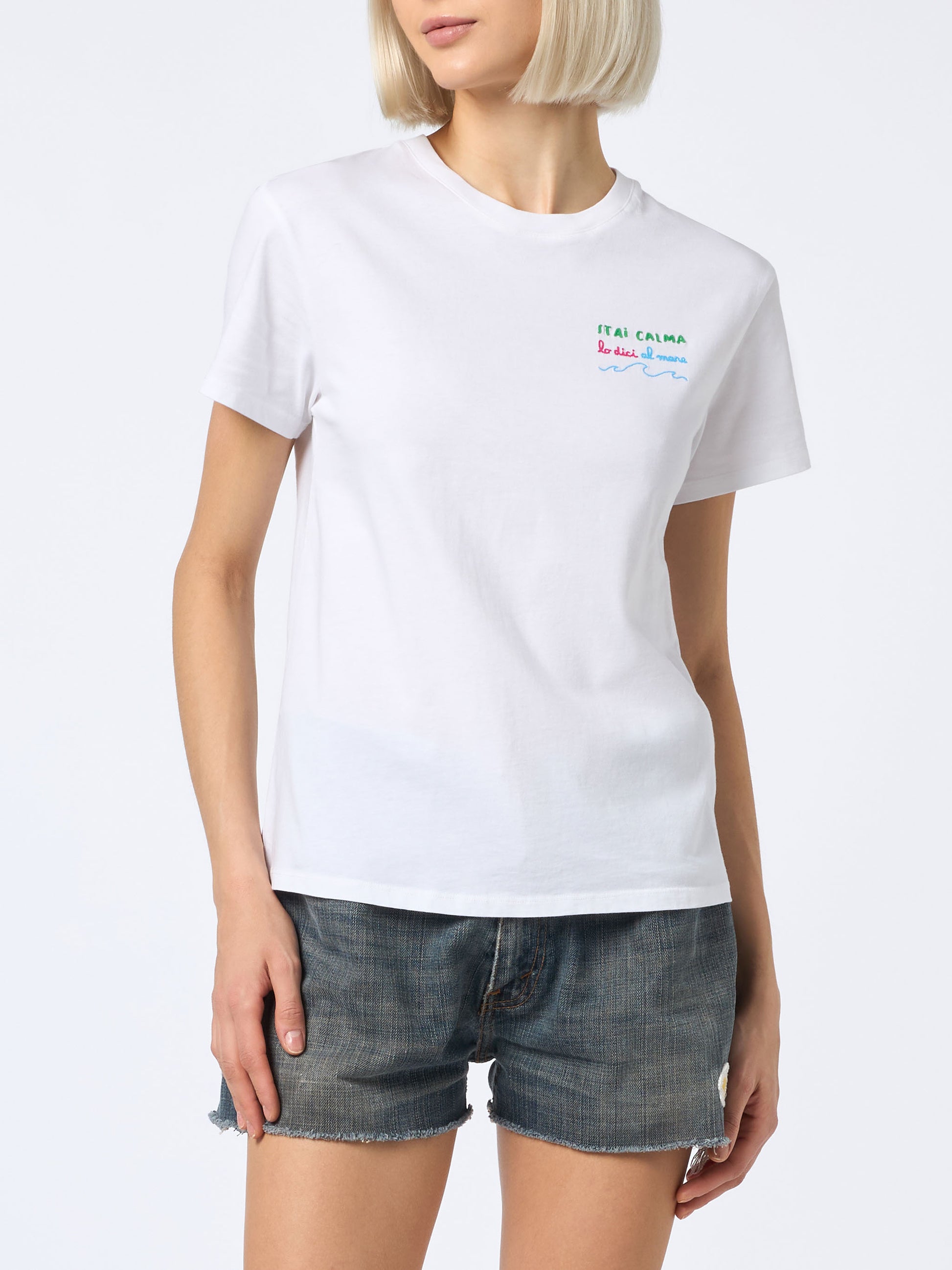 Woman cotton jersey crewneck t-shirt Emilie with Stai calma lo dici al mare embroidery - MC2 Saint Barth