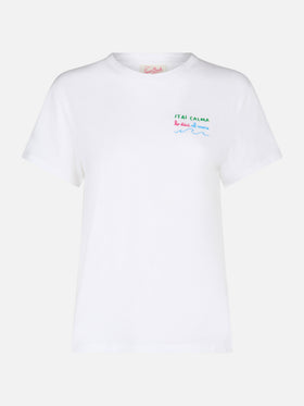 Woman cotton jersey crewneck t-shirt Emilie with Stai calma lo dici al mare embroidery - MC2 Saint Barth