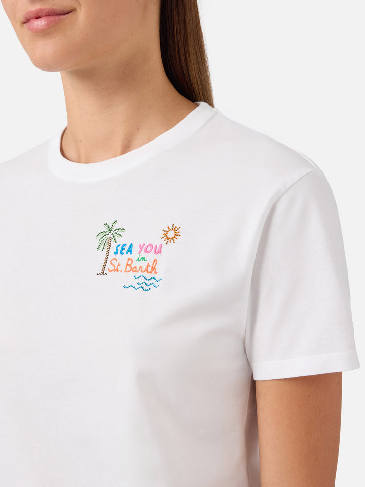 Camiseta Emilie blanca con bordado Sea You in St. Barth y strass 