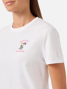 White Emily t-shirt with Sotto al Sole di St. Barth strass embroidery