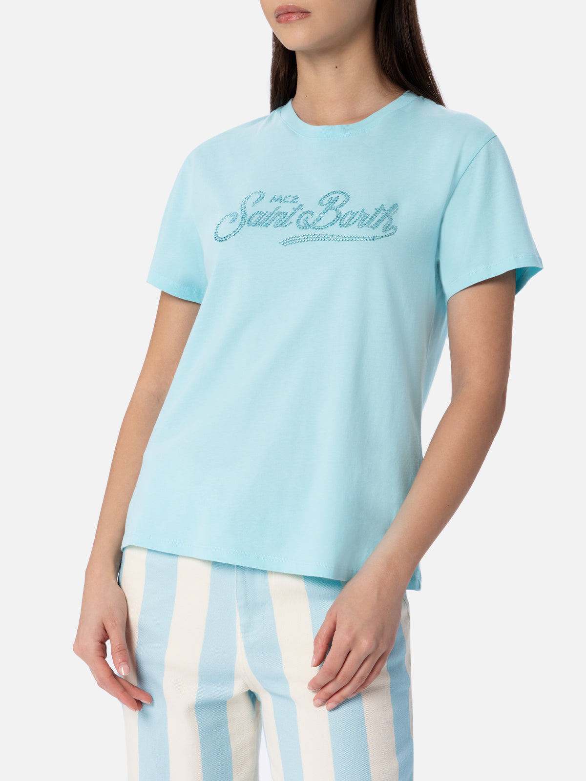 Woman water green cotton jersey crewneck t-shirt Emilie with rhinestones - MC2 Saint Barth