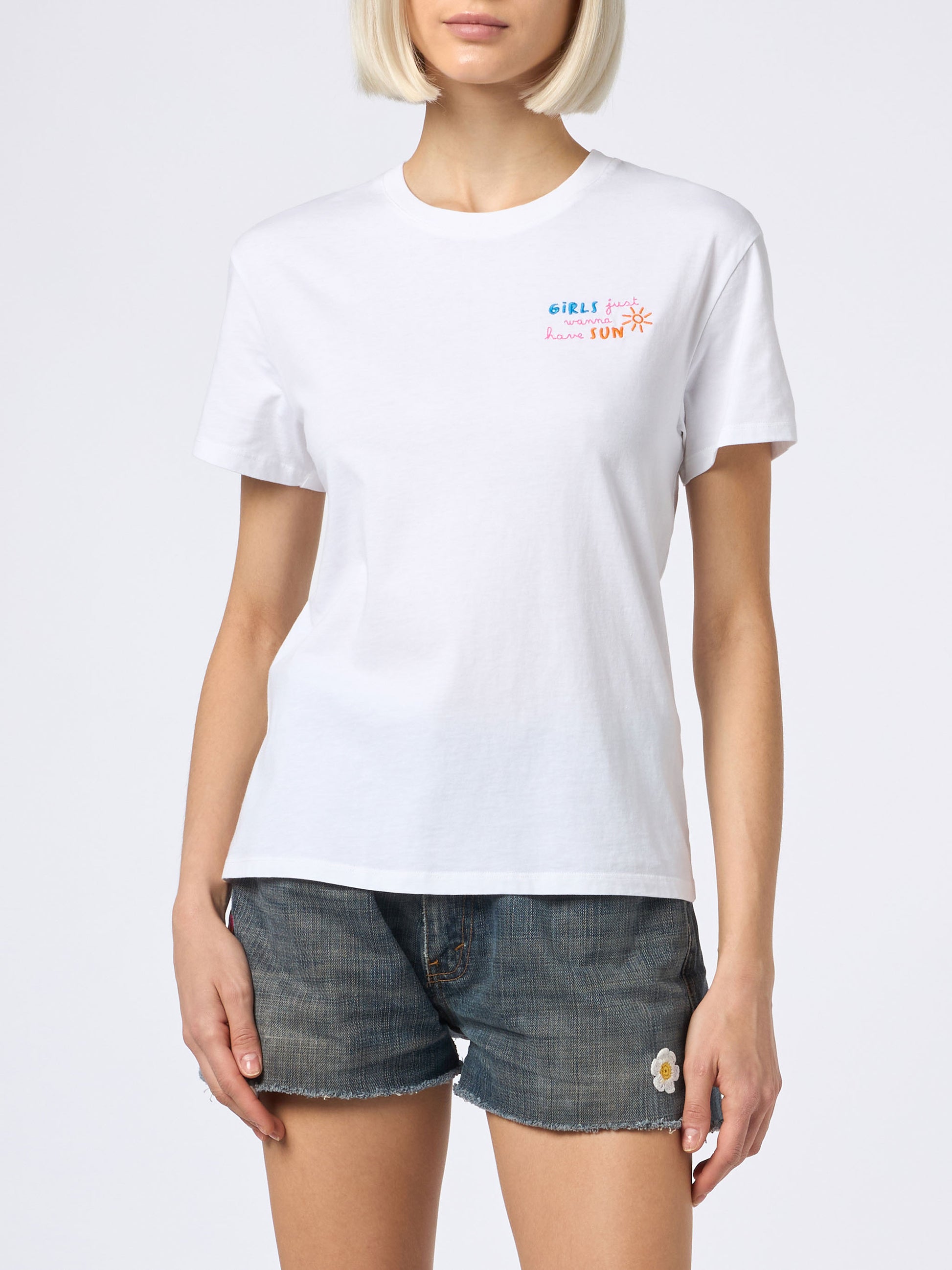 Woman cotton jersey crewneck t-shirt Emilie with Girls just wanna have Sun embroidery - MC2 Saint Barth