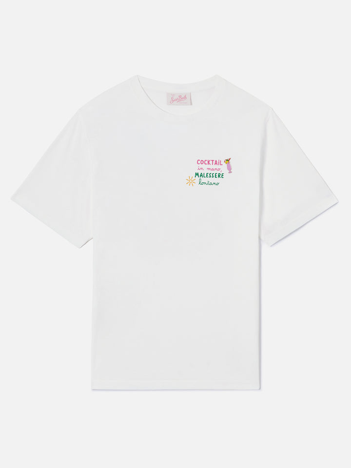 White Emilie T-shirt with Cocktail in mano, malessere lontano charm embroidery