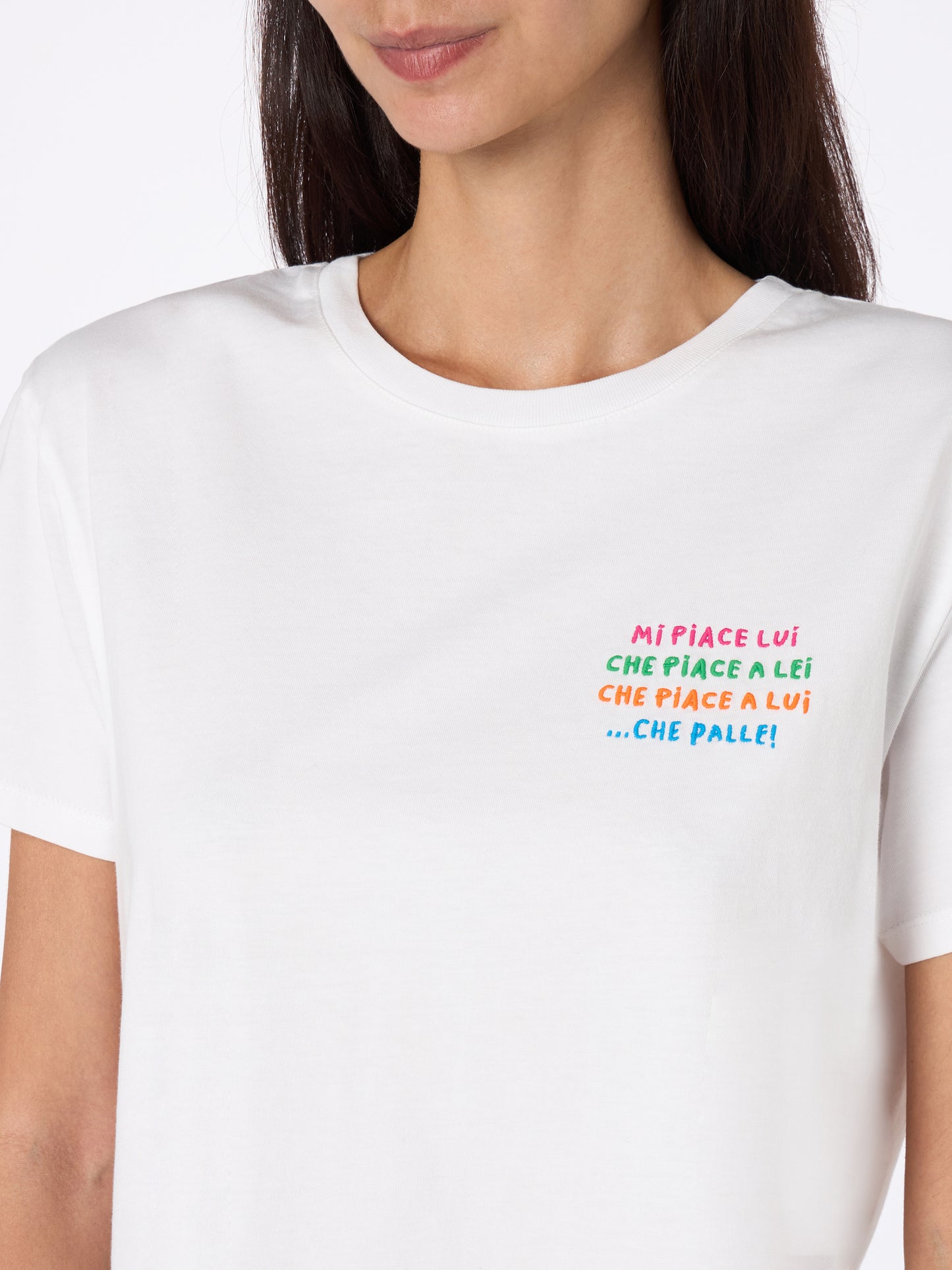 Woman white cotton jersey crewneck t-shirt Emiilie with Mi piace lui... embroidery - MC2 Saint Barth