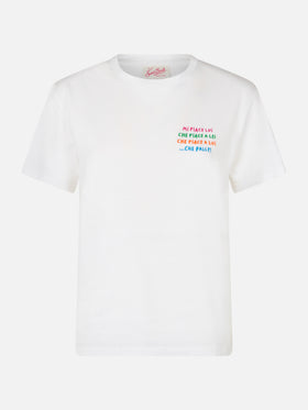 Woman white cotton jersey crewneck t-shirt Emiilie with Mi piace lui... embroidery - MC2 Saint Barth