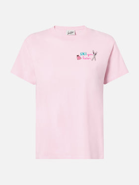 Emilie Baumwoll-T-Shirt in Rosa mit „Ski you later“-Stickerei