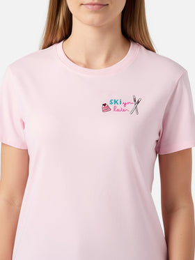 Emilie Baumwoll-T-Shirt in Rosa mit „Ski you later“-Stickerei