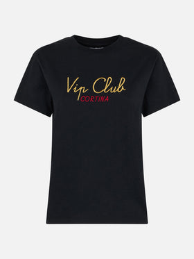 Woman heavy cotton black t-shirt Emilie with Vip Club Cortina embroidery | VIP CLUB CORTINA SPECIAL EDITION - MC2 Saint Barth