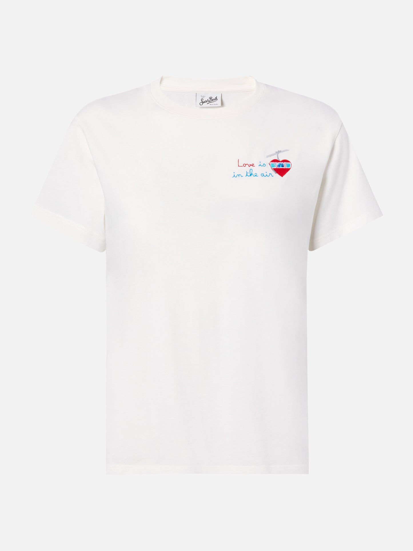 Weißes Emilie T-Shirt aus Baumwolle mit Love is in the air-Stickerei 