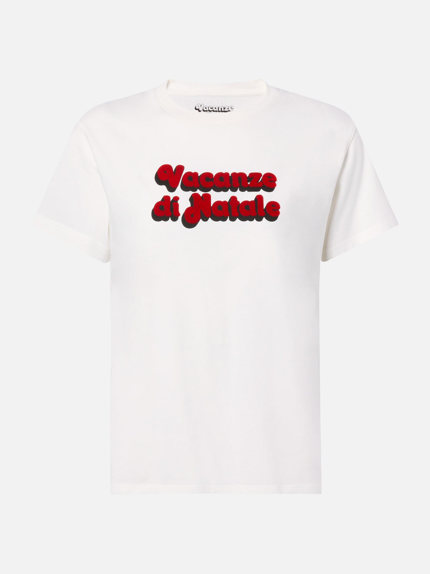 Emilie T-Shirt aus Bio-Baumwolle in Weiß mit Flockdruck „Vacanze di Natale“ | VACANZE DI NATALE SONDERAUSGABE