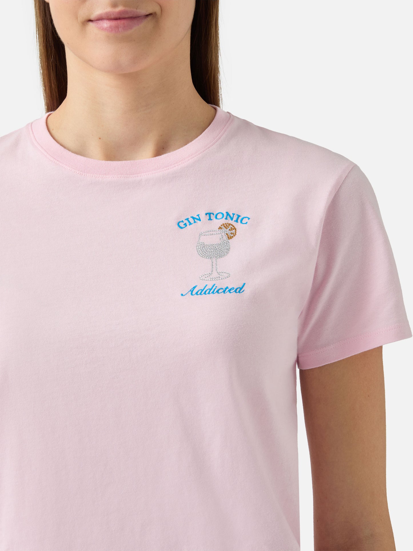 Camiseta Emilie de algodón en rosa con aplicación de strass Gin Tonic addicted 