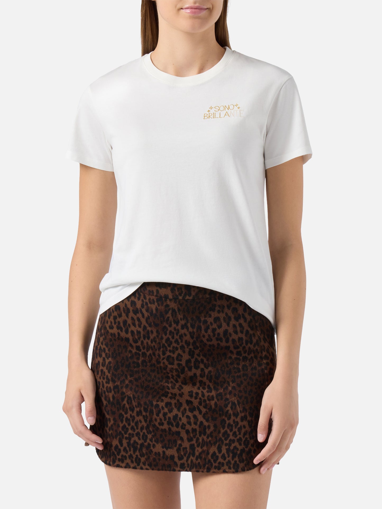 Camiseta de algodón Emilie en blanco con bordado Sono Brillante en lúrex 