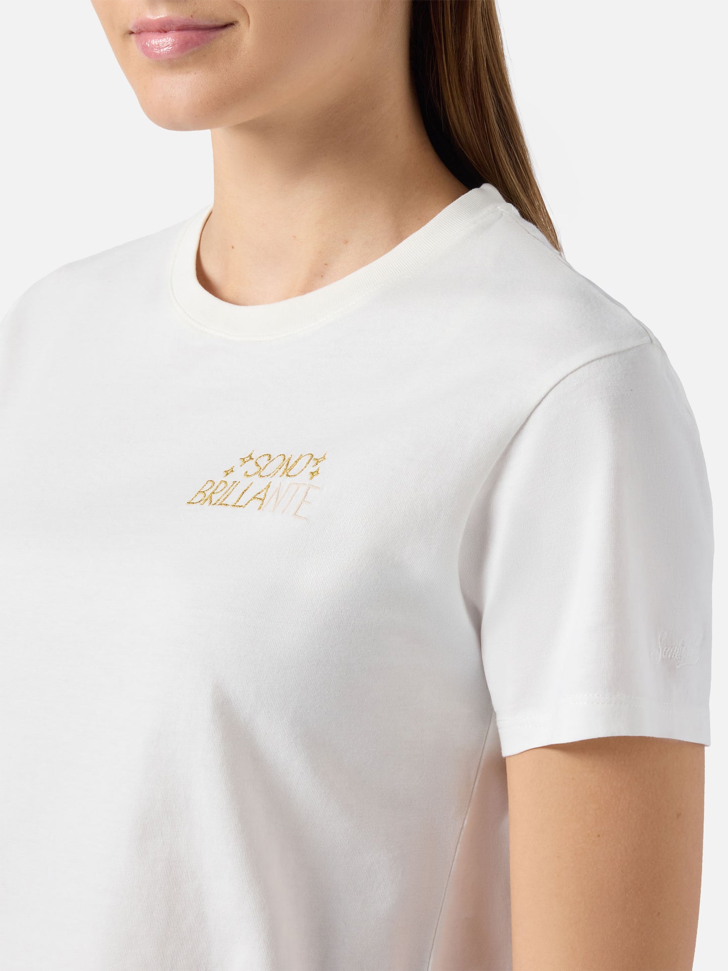 Camiseta de algodón Emilie en blanco con bordado Sono Brillante en lúrex 
