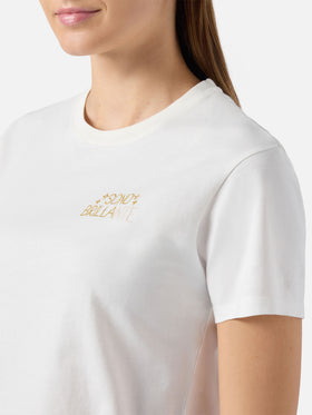 Camiseta de algodón Emilie en blanco con bordado Sono Brillante en lúrex 
