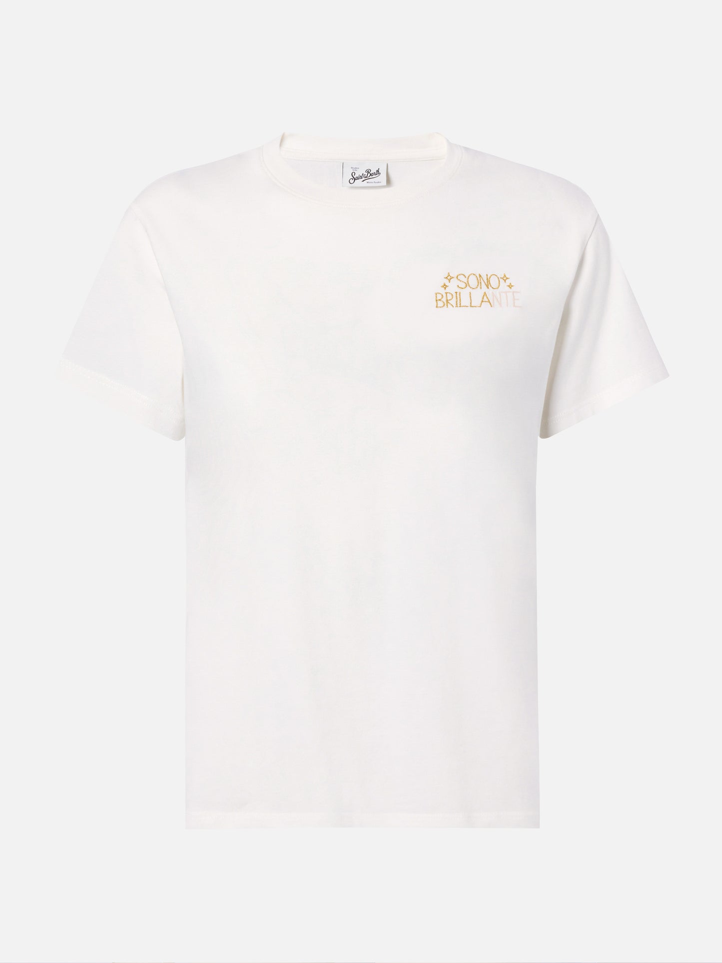 Camiseta de algodón Emilie en blanco con bordado Sono Brillante en lúrex 