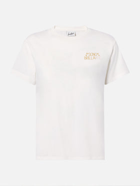 Camiseta de algodón Emilie en blanco con bordado Sono Brillante en lúrex 