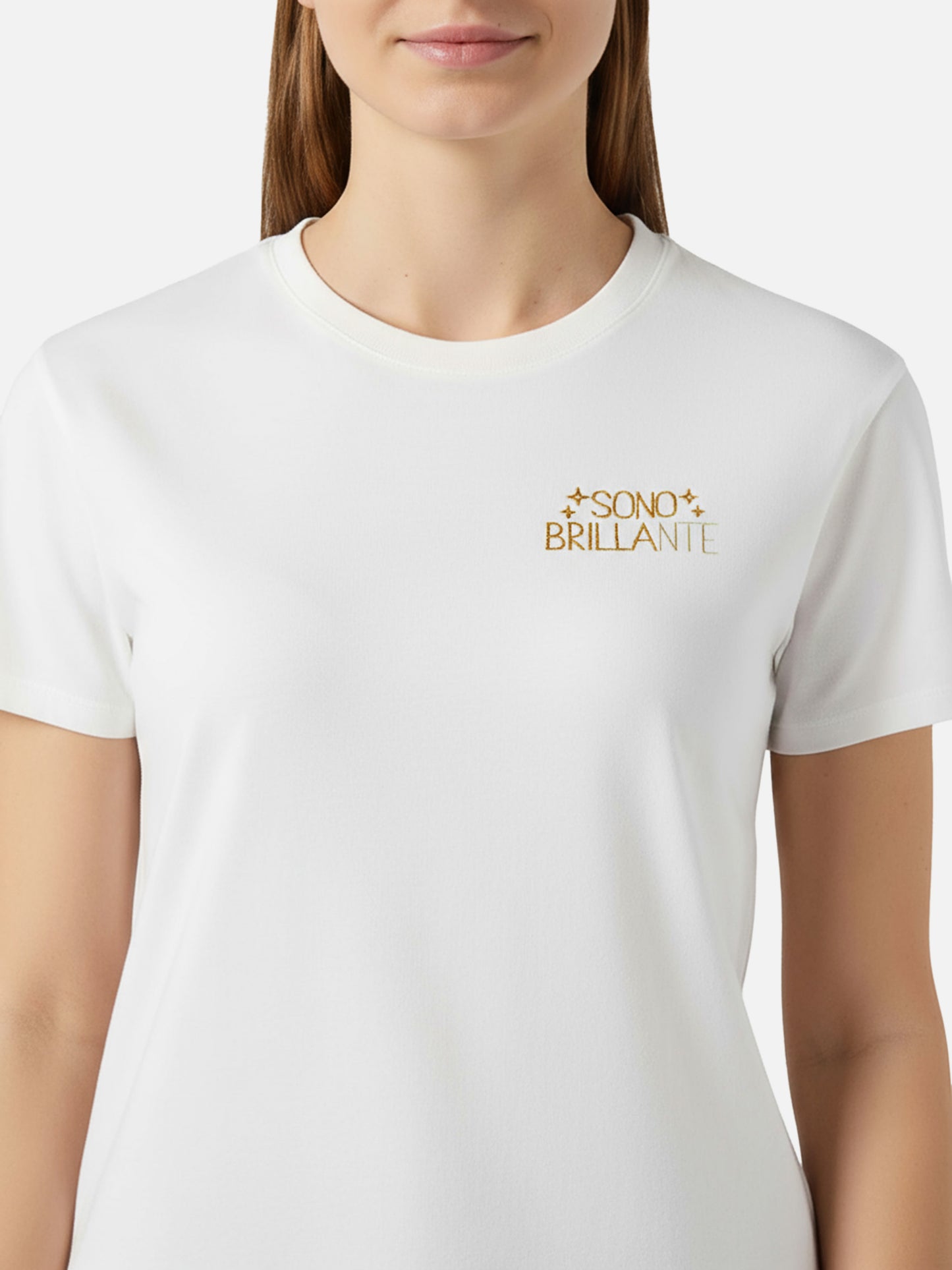Camiseta de algodón Emilie en blanco con bordado Sono Brillante en lúrex 
