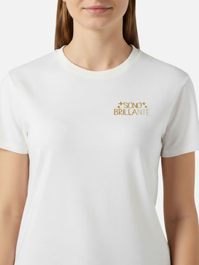 Camiseta de algodón Emilie en blanco con bordado Sono Brillante en lúrex 